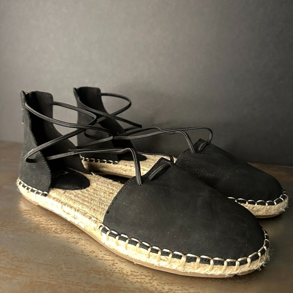 Eileen Fisher Flat Sandals 6.5 Ankle Strap Lace Jute Minimal Resort Black